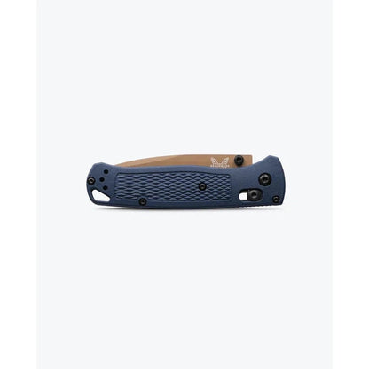 Side view of the Benchmade Bugout knife with a textured handle and a tan blade against a white background.