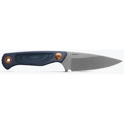 A side view of the Benchmade Dacian knife with a dark blue handle and copper accents against a white background.