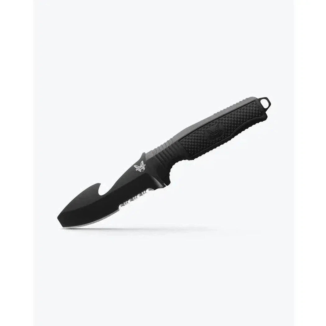 A side view of the black Benchmade H20 Fixed knife with a textured handle and a bottle opener feature against a white background.