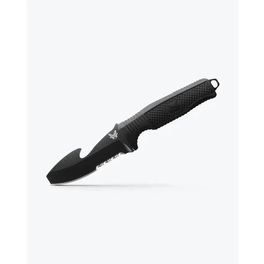 A side view of the black Benchmade H20 Fixed knife with a textured handle and a bottle opener feature against a white background.