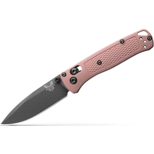 A side view of the Benchmade Mini Bugout knife with a pink handle and charcoal blade against a white background.