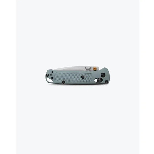 Side view of the Benchmade Mini Bugout knife with a textured handle and pocket clip against a white background.