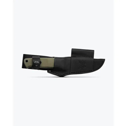A side view of the Benchmade Mini Bushcrafter | OD Green G10 knife in its black leather sheath against a white background.