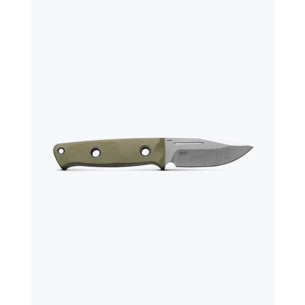 A side view of the Benchmade Mini Bushcrafter in OD Green G10 with a textured handle and a sharp blade against a plain white background.