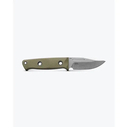A side view of the Benchmade Mini Bushcrafter in OD Green G10 with a textured handle and a sharp blade against a plain white background.