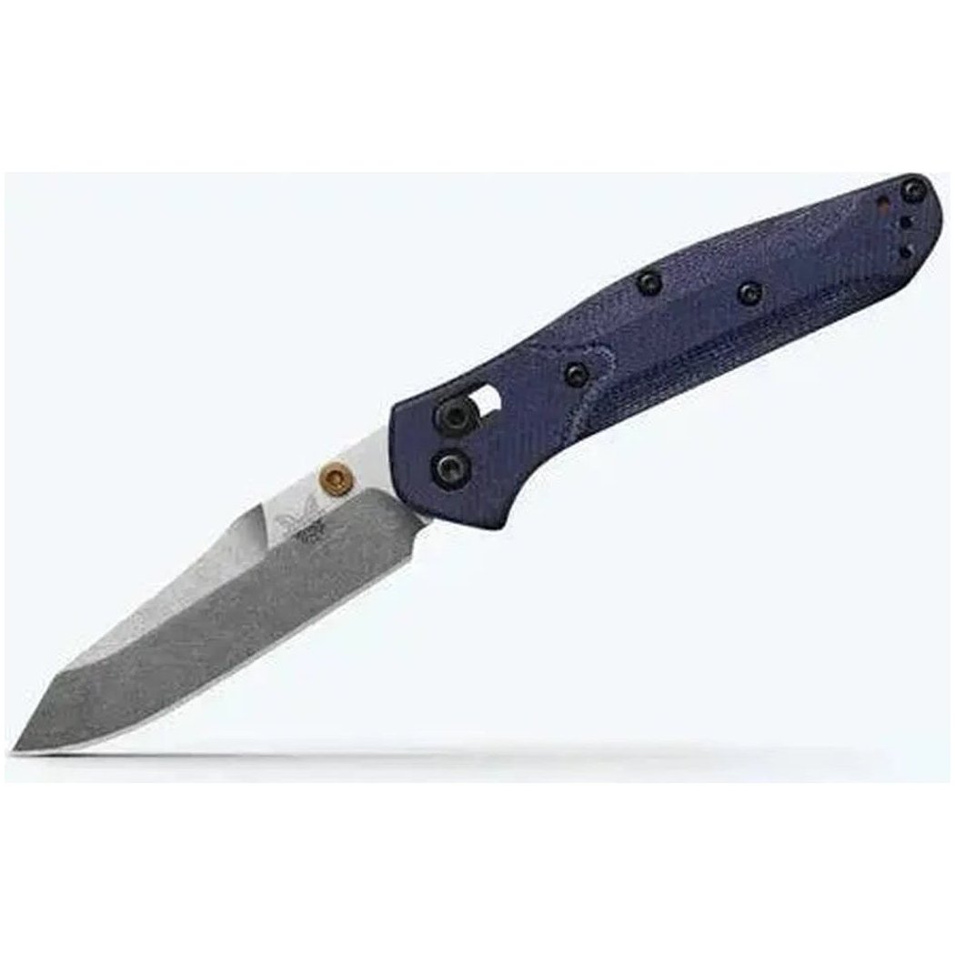 A side view of the Benchmade Mini Osborne knife with a blue handle and a gray blade against a white background.