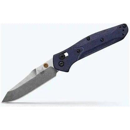 A side view of the Benchmade Mini Osborne knife with a blue handle and a gray blade against a white background.