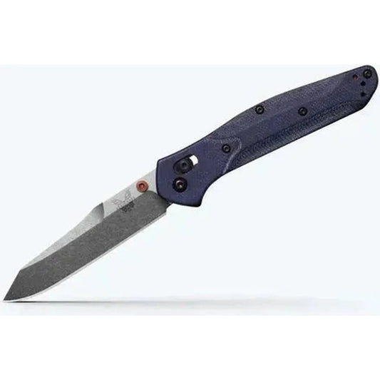A side view of the Benchmade Osborne knife with a dark blue handle and a textured grip, displayed against a plain white background.