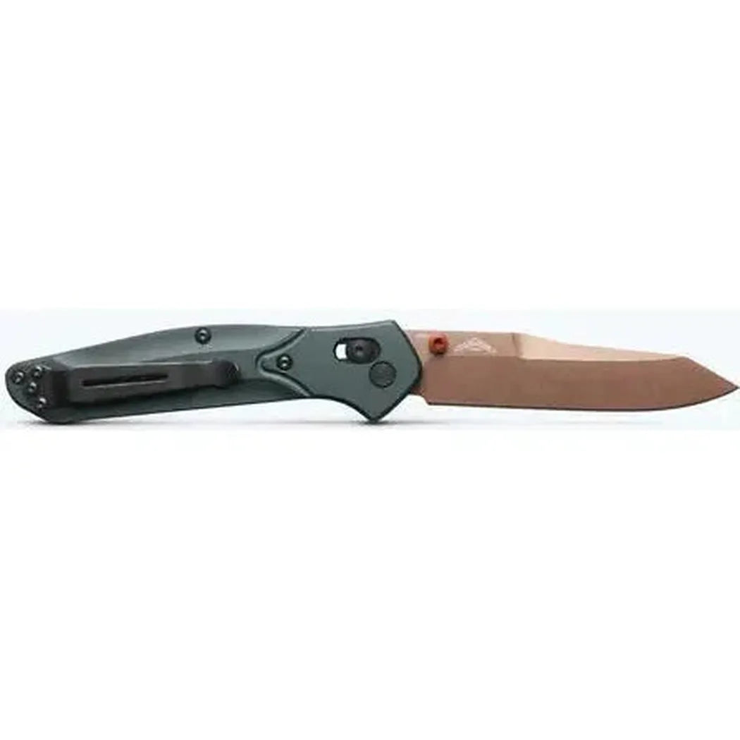 A side view of the Benchmade Osborne knife with a charcoal/gray handle and brown blade, displayed against a plain white background.
