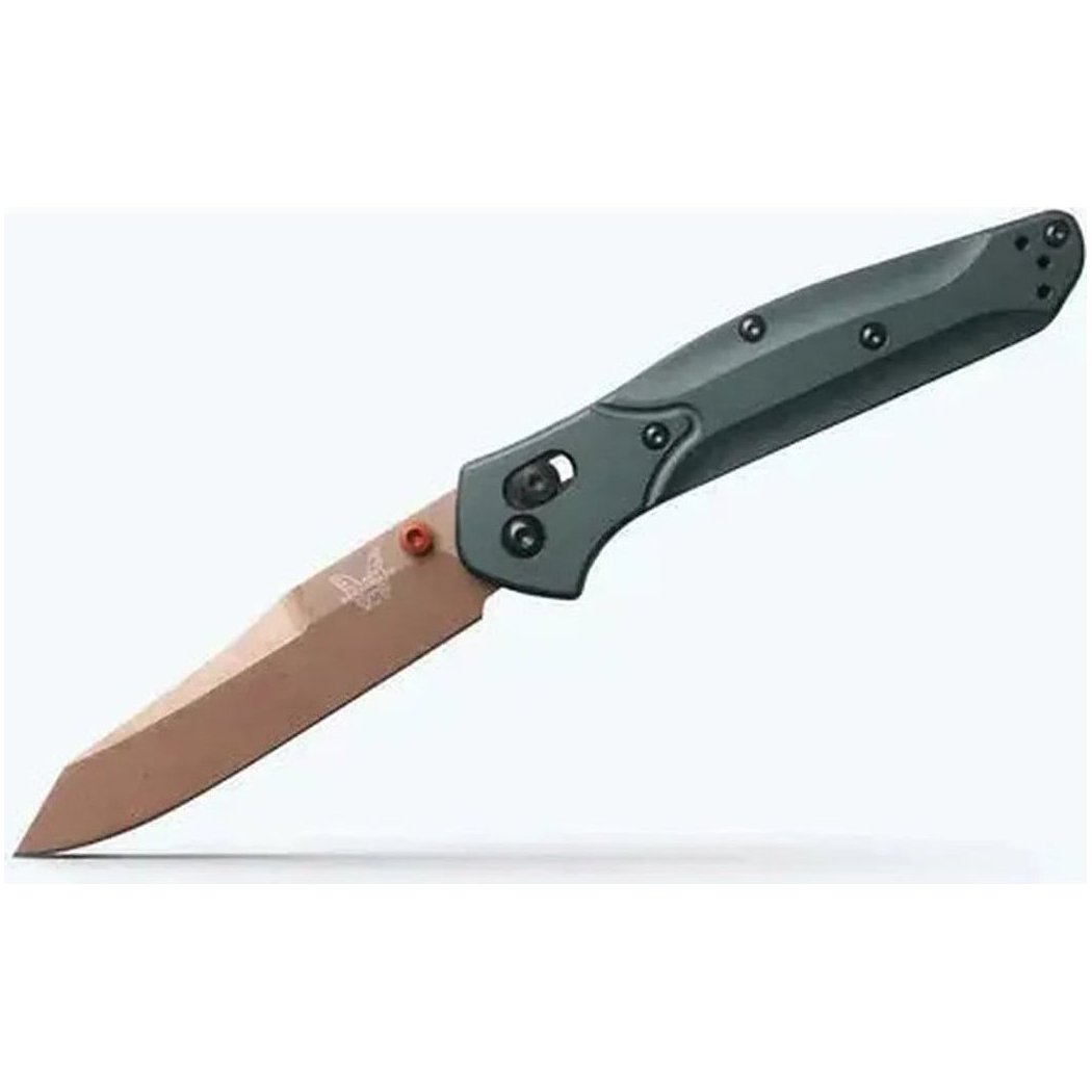 A side view of the Benchmade Osborne knife with a charcoal/gray handle and a copper-colored blade, displayed against a plain white background.