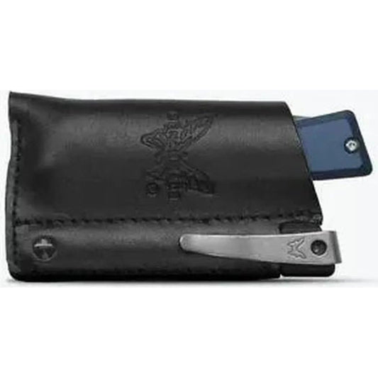 A black Benchmade Successor knife sheath with a metal clip and a blue knife blade peeking out, shown from a front angle against a white background.
