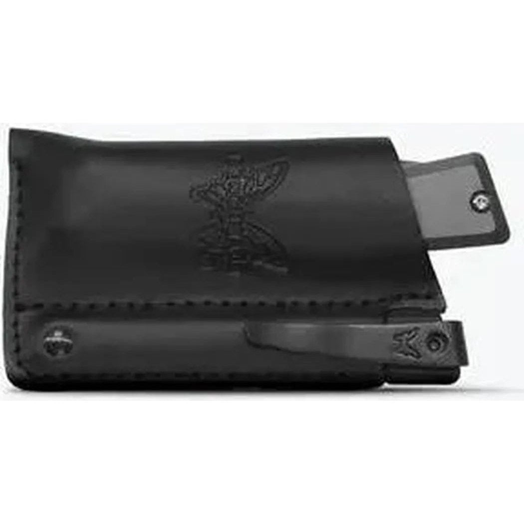 A black Benchmade Successor knife sheath with an embossed logo, showing the knife partially extended and a metal clip, photographed from a front angle against a white background.