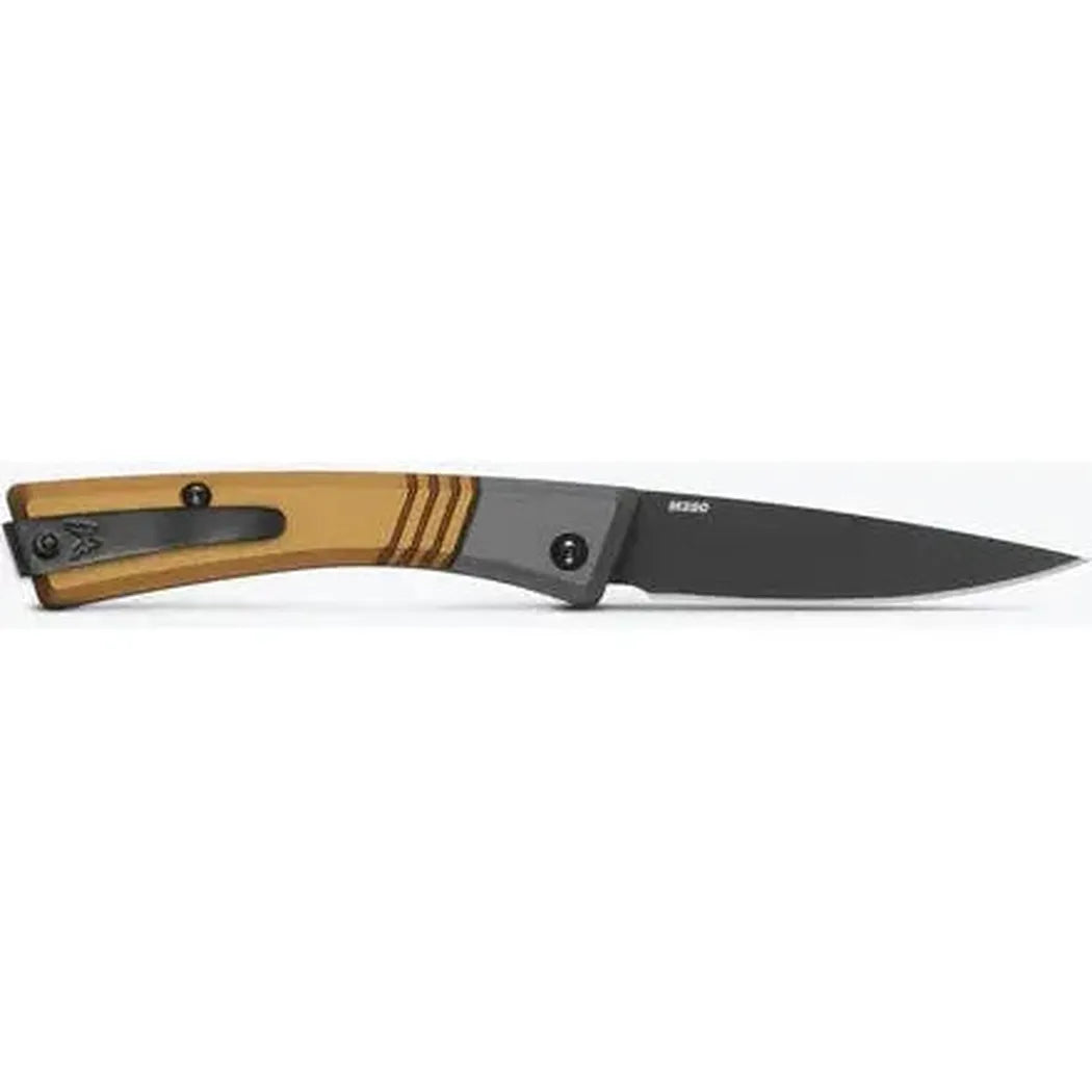 Side view of the Benchmade Successor knife with a tan handle and charcoal blade against a white background.