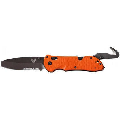 A side view of the orange Benchmade Triage Family knife with a black blade and a hook feature against a white background.