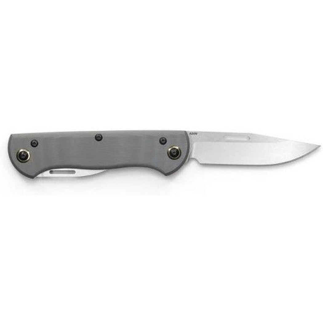 A side view of the Benchmade Weekender knife with a charcoal/gray handle and a stainless steel blade against a white background.