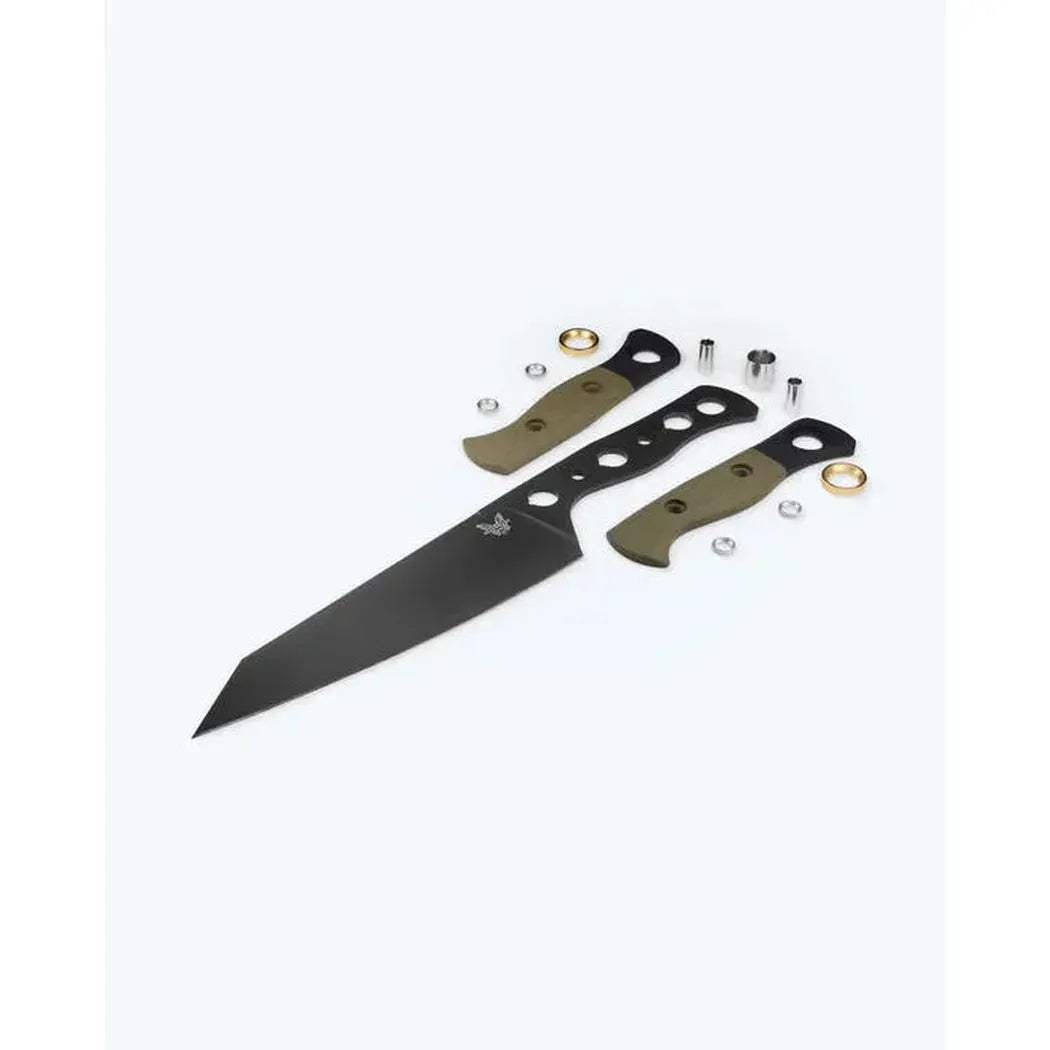 A Benchmade Wildcoast knife with olive green handles and a black blade lies on a white background, showing its design and components.