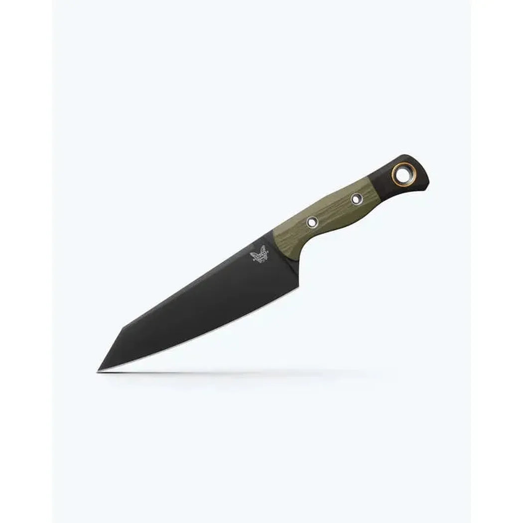 A side view of the Benchmade Wildcoast knife with a green handle and black blade against a white background.