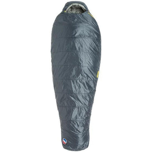 A front view of the Big Agnes Anthracite 20F sleeping bag with a gray exterior and a yellow accent, displayed against a white background.