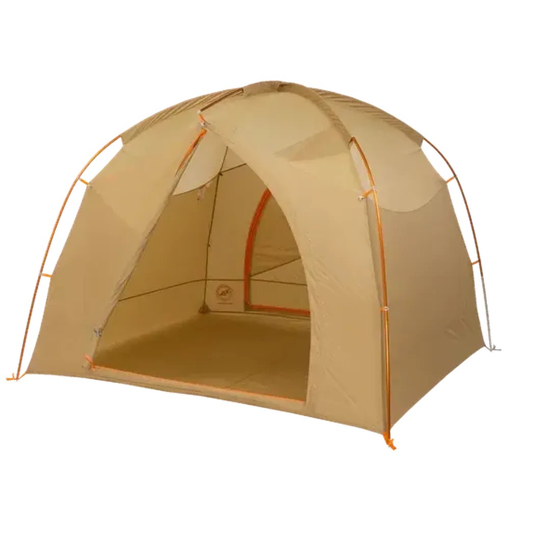A front view of the Big Agnes Big House 4 tent in Chinois Green Prairie Sand showing the open entrance and orange frame against a white background.