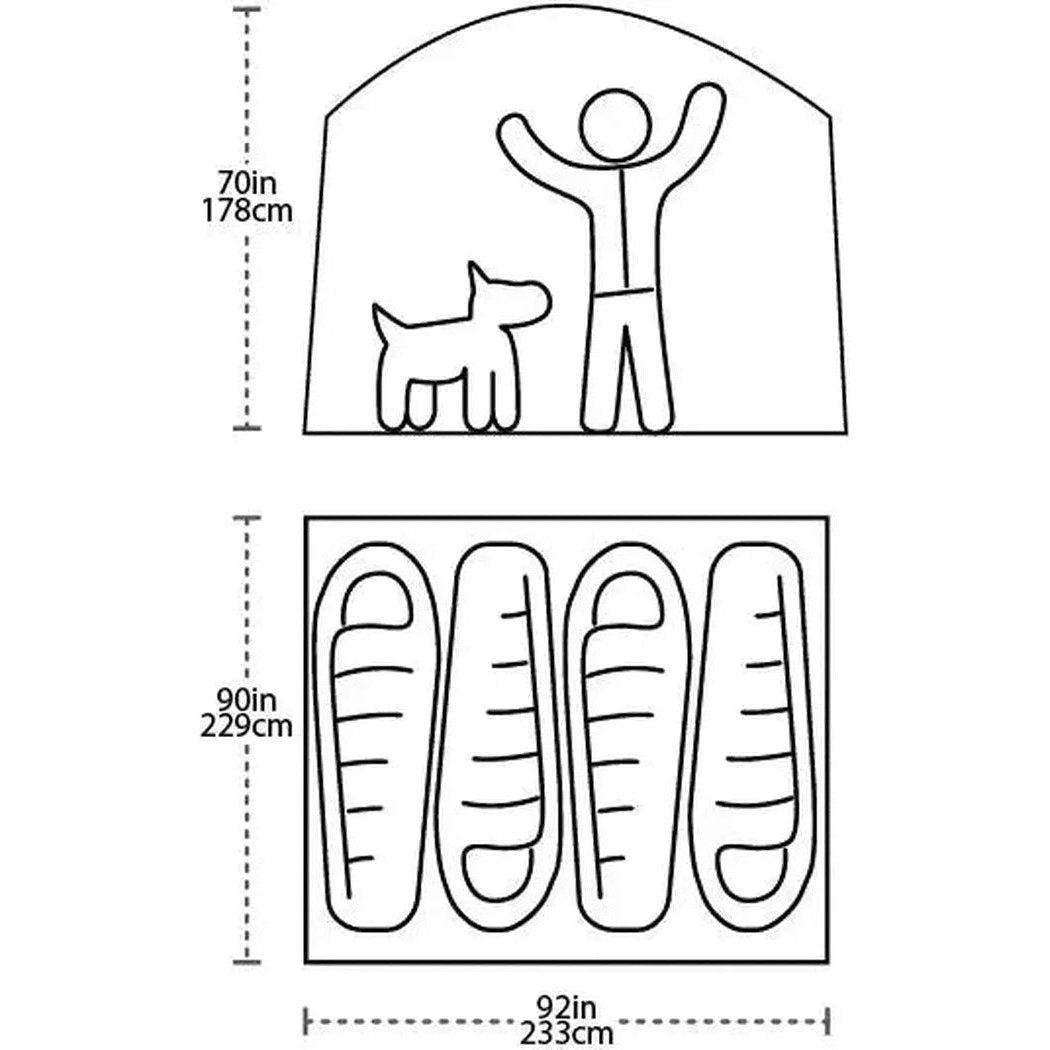The Big Agnes Big House 4 tent in Chinois Green Prairie Sand shows a top view with a person and dog, and a bottom view of four sleeping bags, measuring 70 inches tall and 92 inches wide.