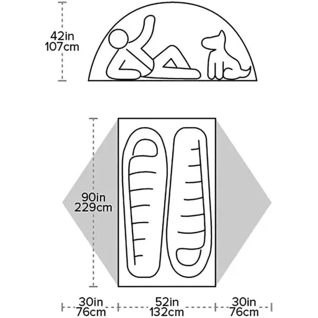 The Big Agnes Blacktail 2 tent dimensions diagram shows a 42in height and 90in width layout with Warm Olive Chinois Green color.