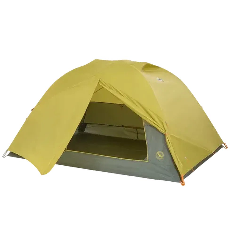 A side view of the Big Agnes Blacktail 3 tent in Warm Olive Chinois Green showing the open entrance against a white background.