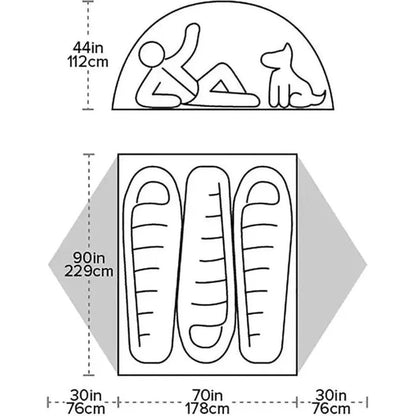 Top and bottom views of the Big Agnes Blacktail 3 tent showing dimensions and three sleeping bags inside.