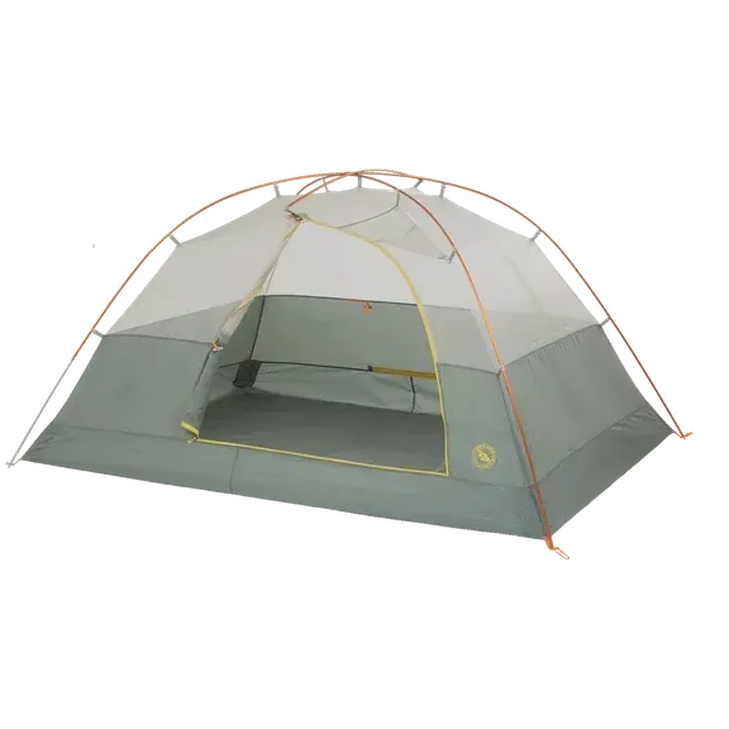 A front view of the Big Agnes Blacktail 3 tent in Warm Olive Chinois Green with a mesh entrance and orange poles against a white background.