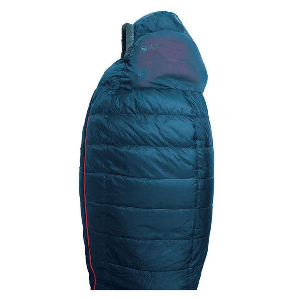 Side view of the Big Agnes Sidewinder SL 35 in Regular showing the hood and red accent stitching against a white background.