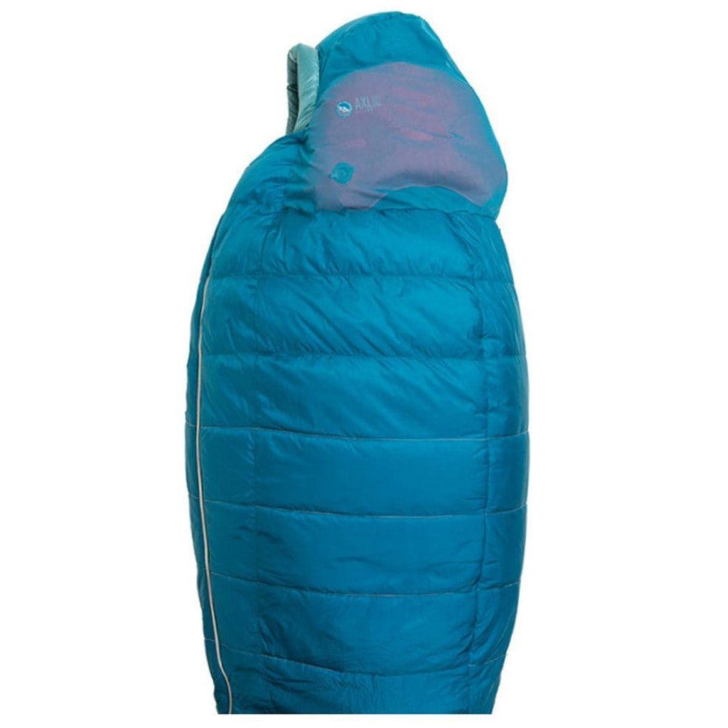 Side view of the Big Agnes Women's Sidewinder SL 20 in blue showing the hood and quilted design against a white background.