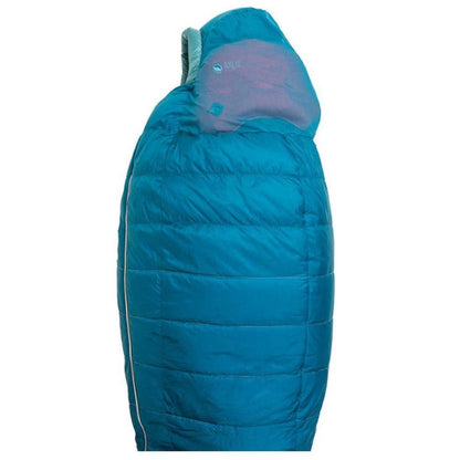 Side view of the Big Agnes Women's Sidewinder SL 20 in blue showing the hood and quilted design against a white background.