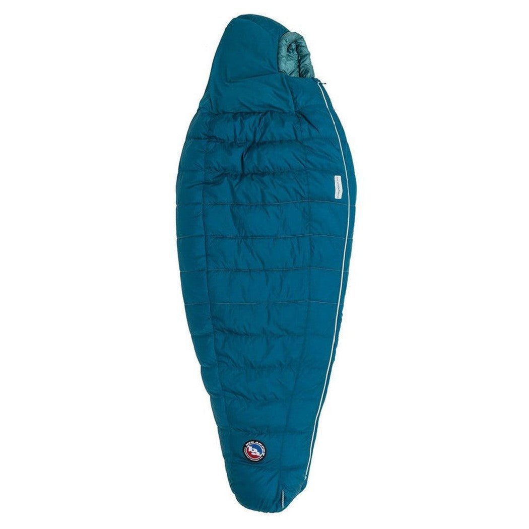 A front view of the Big Agnes Women's Sidewinder SL 20 sleeping bag in teal with a white zipper and logo on the bottom against a white background.