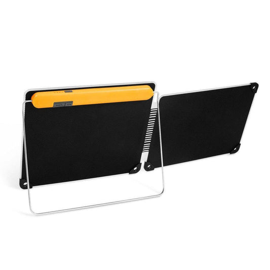 A side view of the BioLite SolarPanel 10+ with a yellow top section and black panels, displayed against a white background.