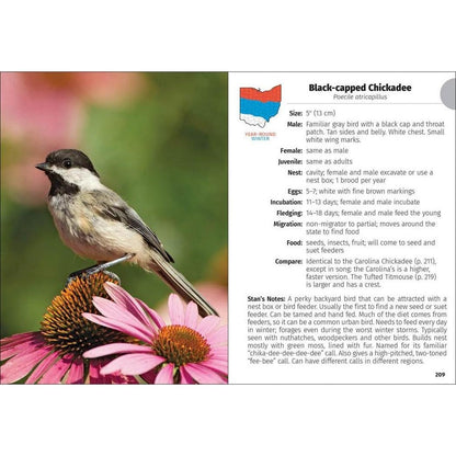 Black-capped Chickadee page from Birds of Ohio Field Guide 3e showing the bird on a flower with a map of Ohio.