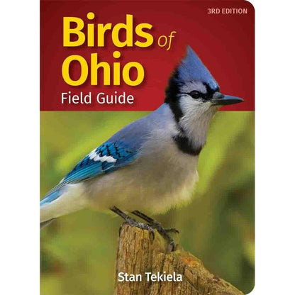 The Birds of Ohio Field Guide 3rd Edition book cover shows a blue jay on a tree stump with a red top section.