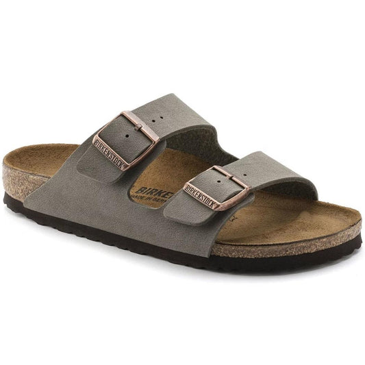 Side view of the Birkenstock Arizona Birkibuc in Mocha showing the two buckle straps and cork footbed against a white background.
