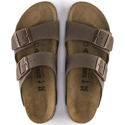 Top view of the Birkenstock Arizona Birkibuc in Mocha showing the two buckles and white background.