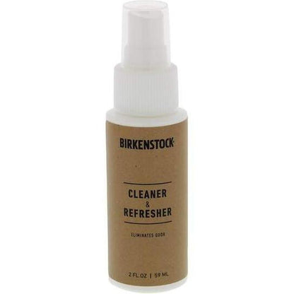 A front view of a Birkenstock Cleaner & Refresher spray bottle with a brown label against a white background.