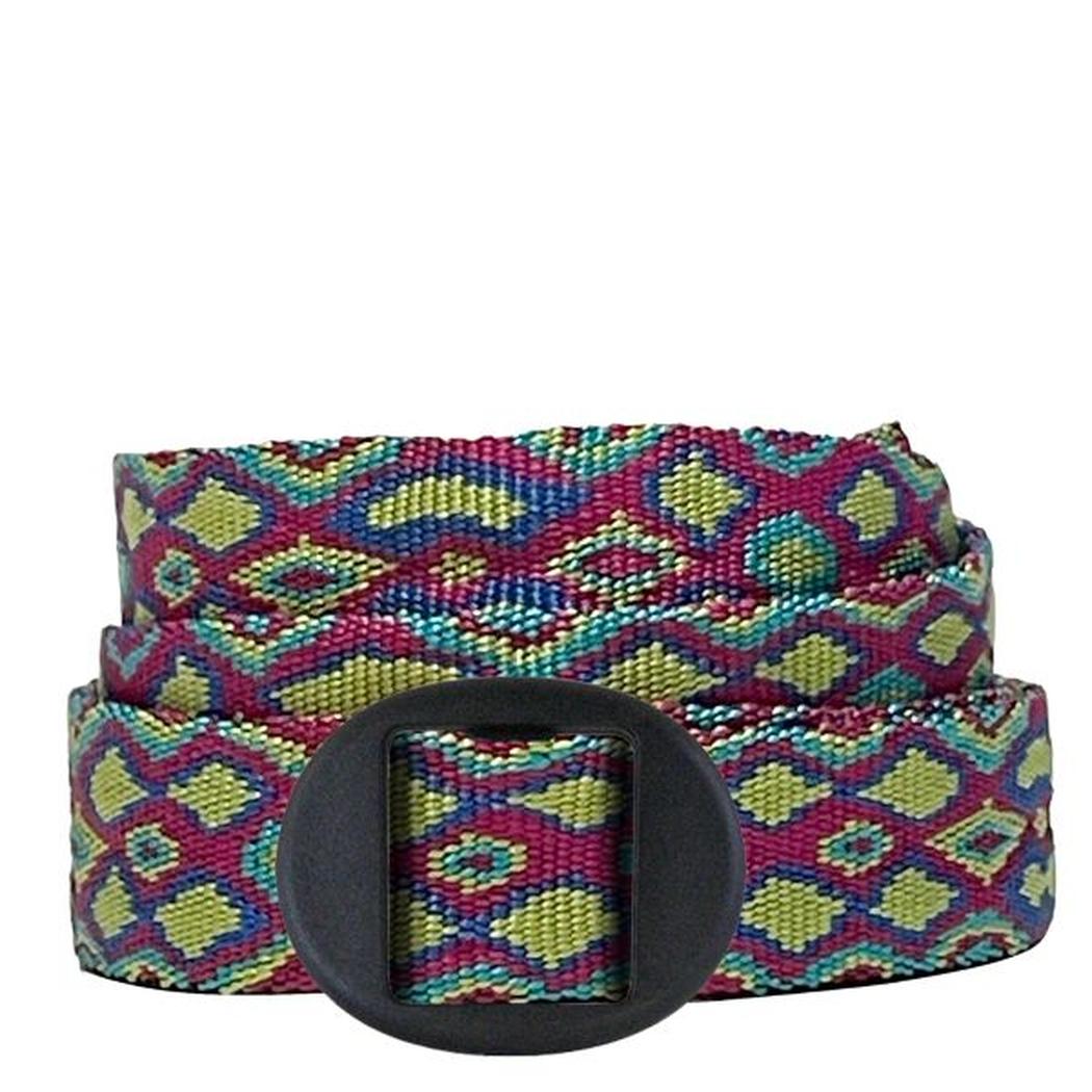 A close-up of the Bison 25mm Ellipse Pattern Belt in Black Thorn showing the black oval buckle and colorful geometric pattern against a white background.