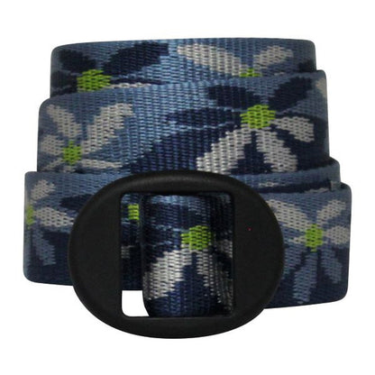 Ellipse Pattern Belt showing the black buckle and blue floral pattern against a white background.