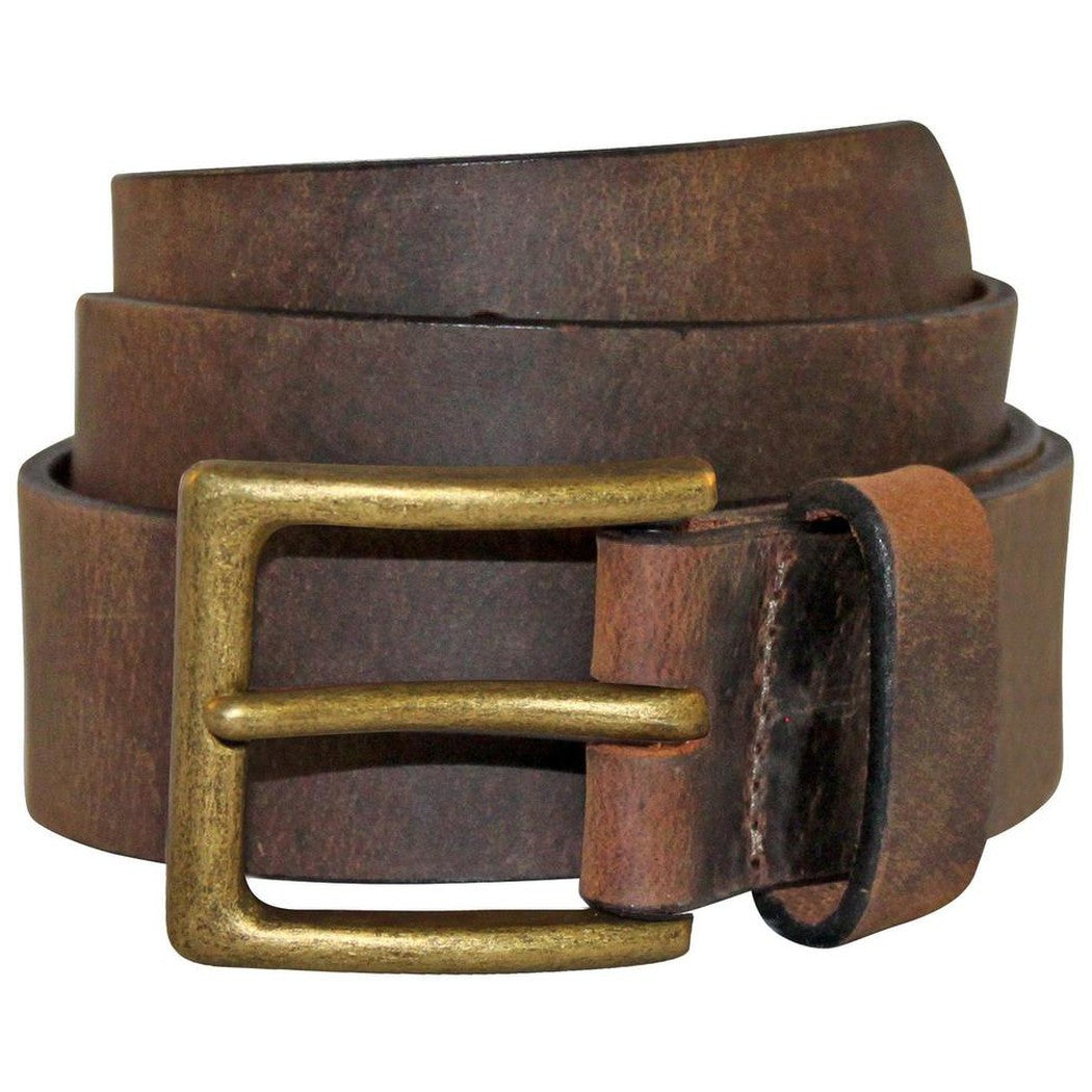 A brown Bison 38mm Box Canyon Bronze Buckle Belt coiled with a brass buckle visible, photographed against a white background.