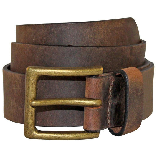 A brown Bison 38mm Box Canyon Bronze Buckle Belt coiled with a brass buckle visible, photographed against a white background.