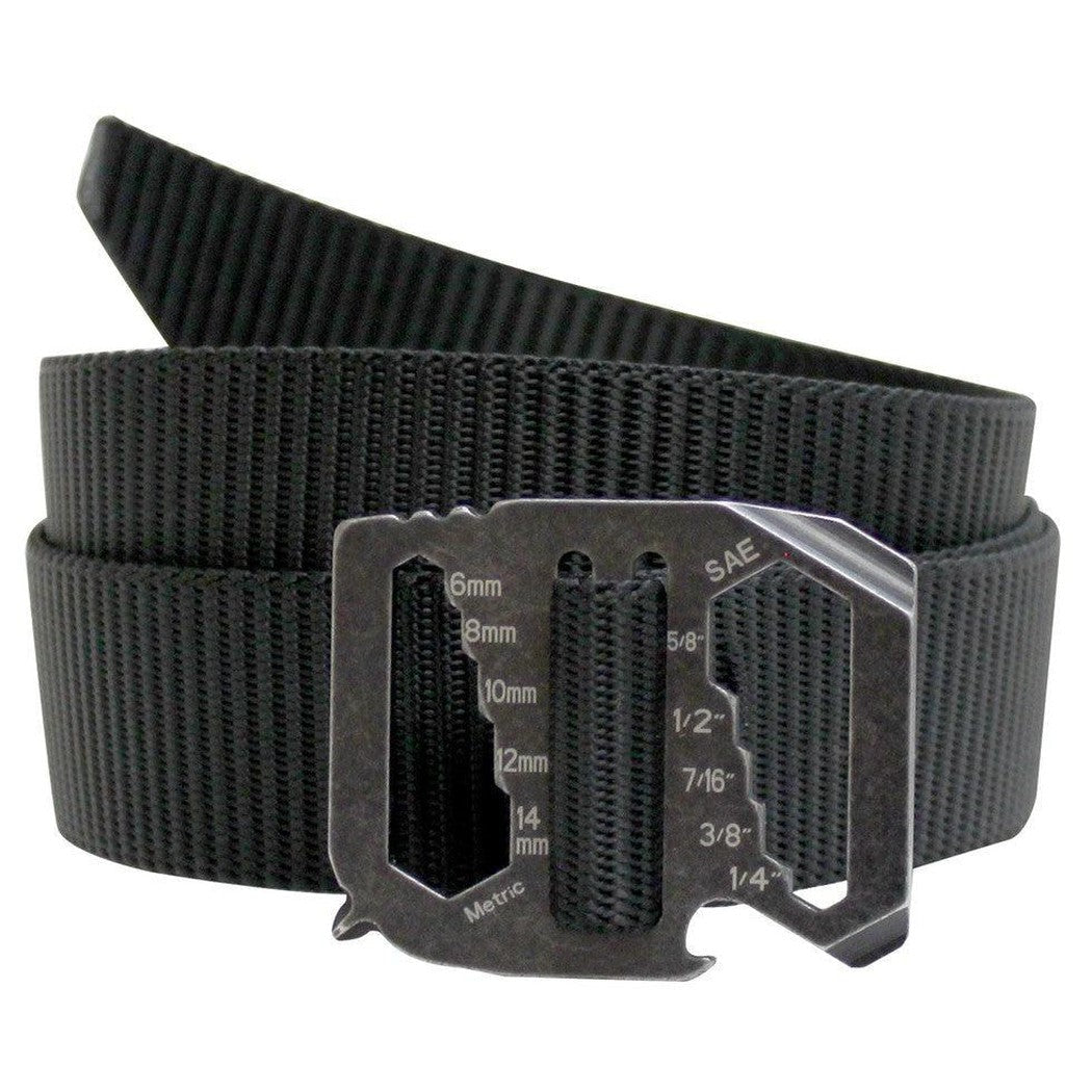 A black Bison 38mm – Kool Tool Buckle belt with a metal buckle showing metric and SAE measurements, displayed against a white background.