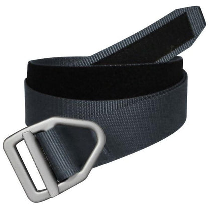 A side view of the Bison 38mm – Last Chance Mid Duty Gunmetal Buckle belt in Coyote Brown showing the gunmetal buckle against a white background.