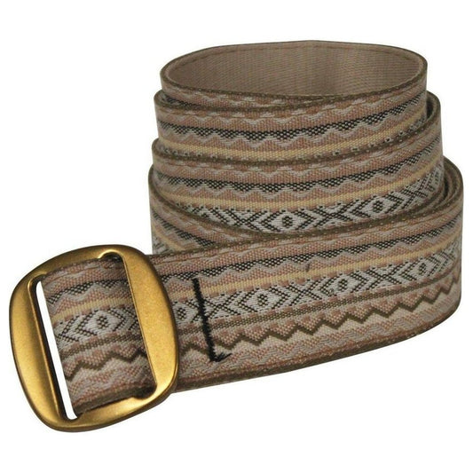 A side view of the Bison 38mm Manzo Ribbon Belt in Coast Desert color showing the gold buckle and patterned fabric against a white background.