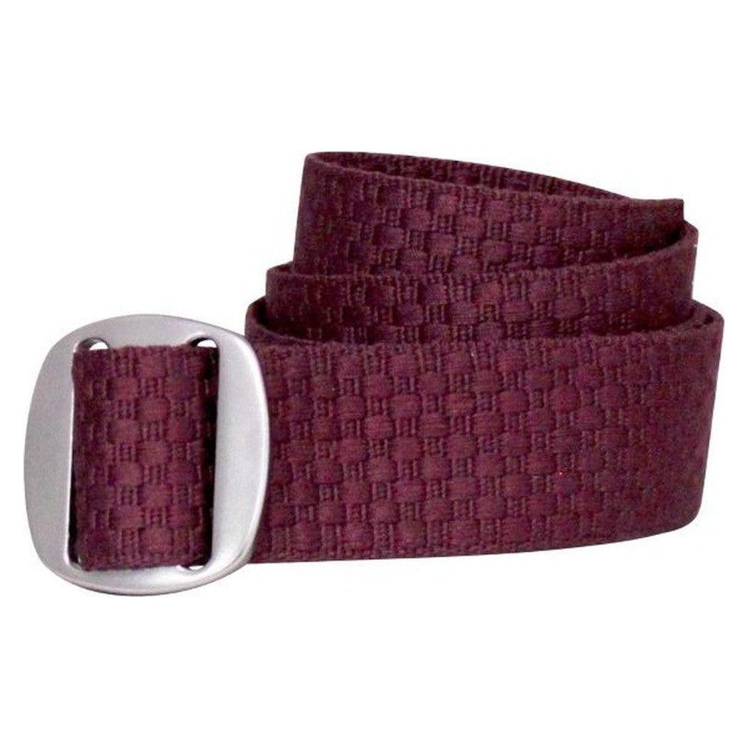 A side view of the Bison 38mm Manzo Ribbon Belt in Coast Desert showing the metal buckle and woven texture against a white background.