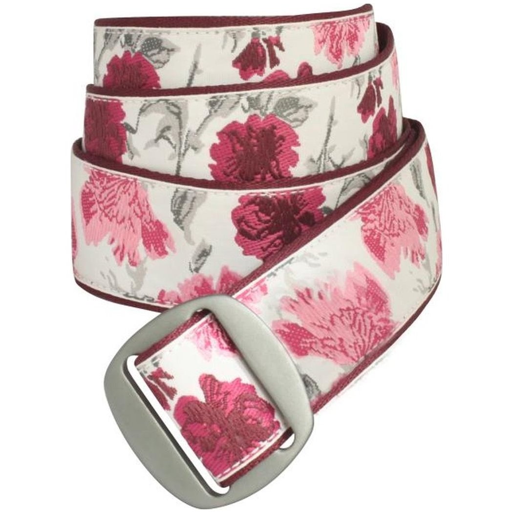 A close-up of the Bison 38mm Manzo Ribbon Belt in Coast Desert, showing the floral pattern and metal buckle against a white background.