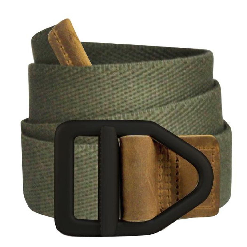 A close-up of the Bison 38mm – Weekender Black Buckle belt in Aloe, showing the black buckle and tan leather accents against a white background.