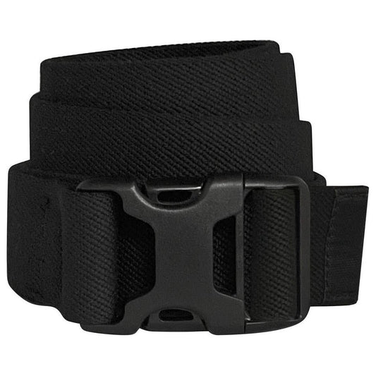 Black Bison 38mm XLITE Stretch belt with a plastic buckle, shown in a front view against a white background.