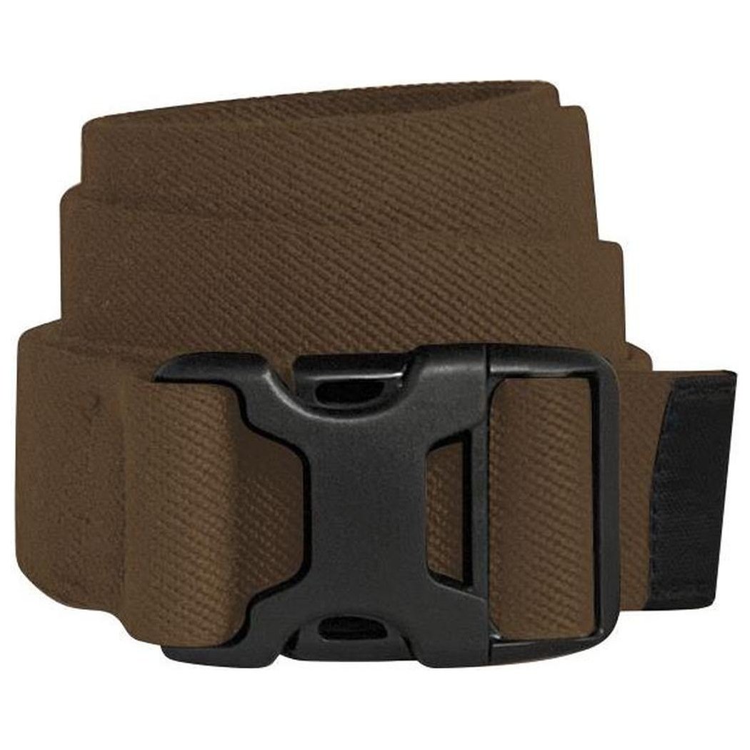 A front view of the Bison 38mm XLITE Stretch black belt showing the plastic buckle and coiled strap against a white background.